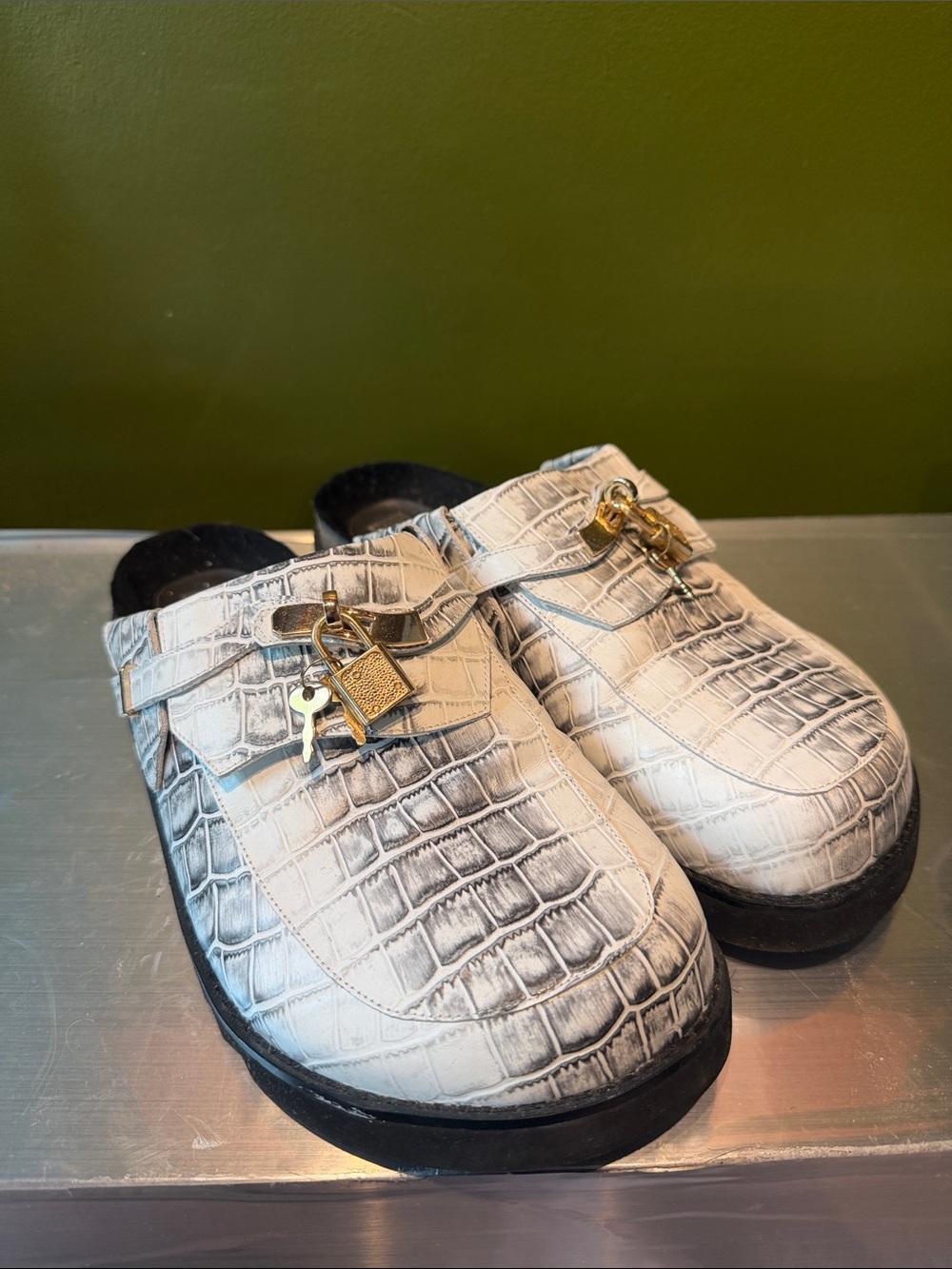 Croc Embossed White Leather Slip-On Mules with Gold Padlock Accent